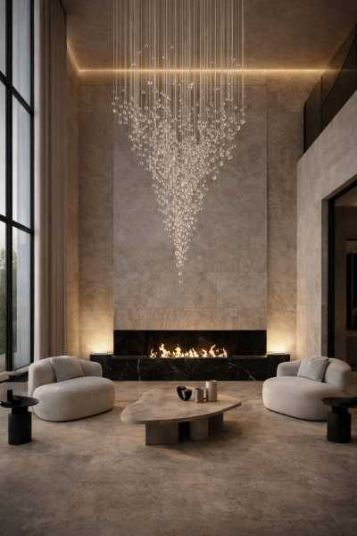 Lustre cascade en verre sur mesure pour projet immobilier de luxe à Dubaï