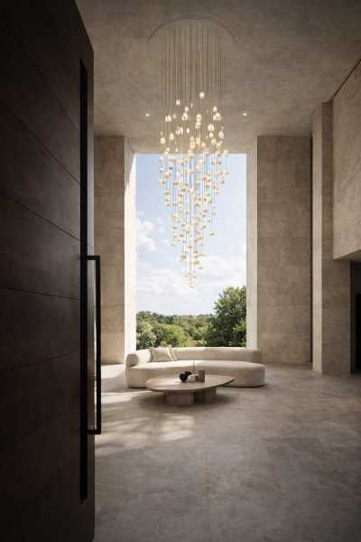Suspension cascade sur mesure pour entrée de villa contemporaine à Lyon