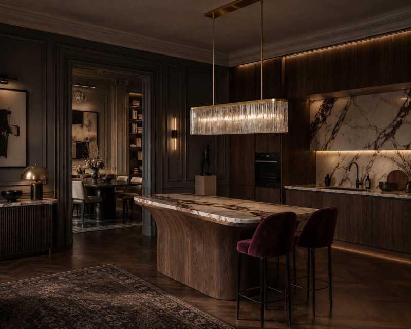 Luminaire de cuisine haut de gamme et îlot central design dans un appartement de luxe à Strasbourg