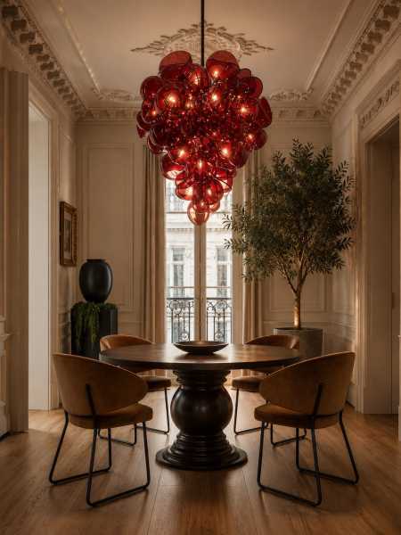 Lustre en verre soufflé rouge sur mesure : une pièce sculpturale pour sublimer une salle à manger de prestige à Genève